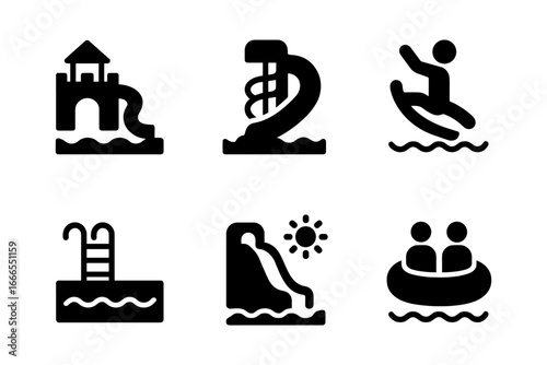 Set of water park icons including slides, pools, and tubes in black silhouette style