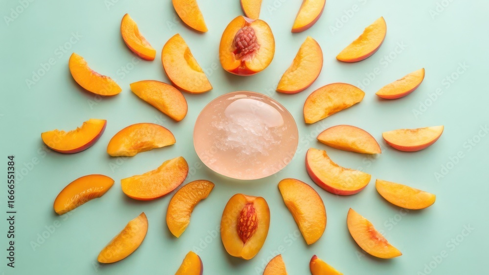 Fototapeta premium Peaches around soap on a blue backdrop for mock up design