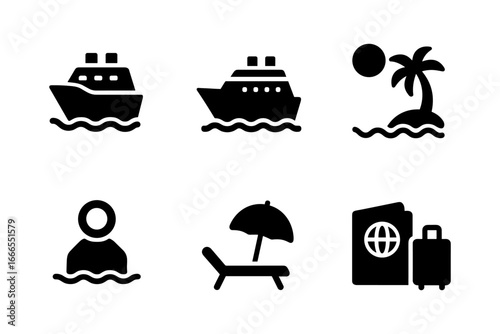 Cruise and travel icon set: ships, tropical island, beach relaxation, global passport