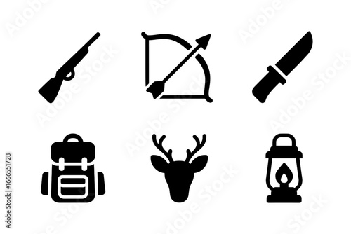 Outdoor adventure icons: hunting, camping, and exploration essentials