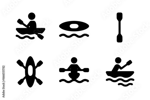 Kayak paddler icons: silhouette rowing symbols for water sports enthusiasts