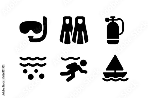 Diving gear and sea activity icons in bold black silhouette style