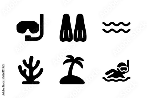 Snorkeling adventure icons: mask, fins, waves, coral, island, diver
