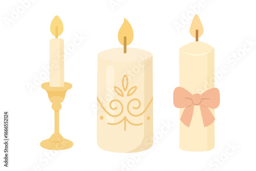 Flat vector illustration of three elegant wedding candles including decorative, tall in holder, and ribbon tied.