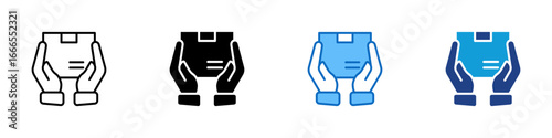 Package Care Sheet Multiple Style Icon Vector Design - Two hands holding a package, representing fragile handling, secure delivery, or product care