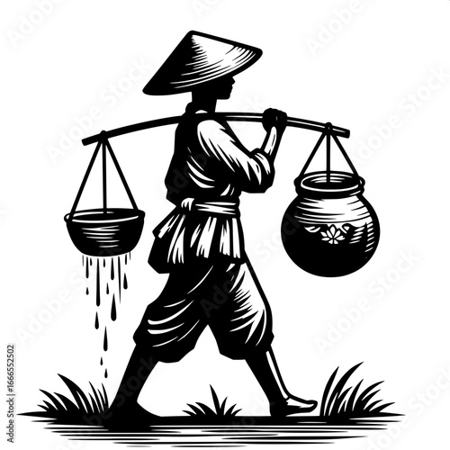 Farmer Carrying Water in Clay Pot