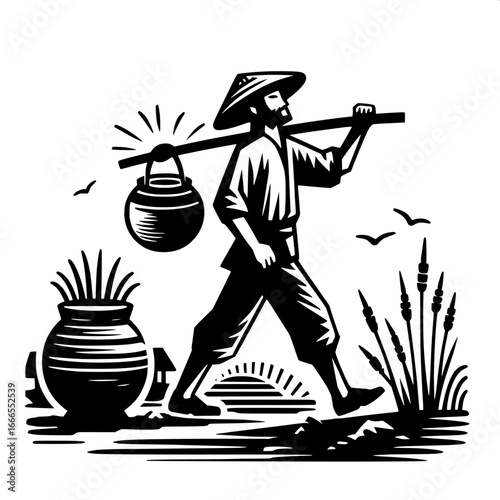 Farmer Carrying Water in Clay Pot