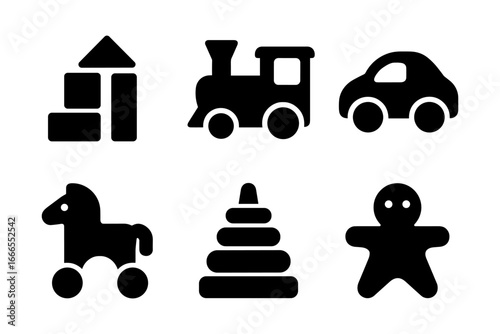 Silhouette icons of classic children's toys and playtime objects in black