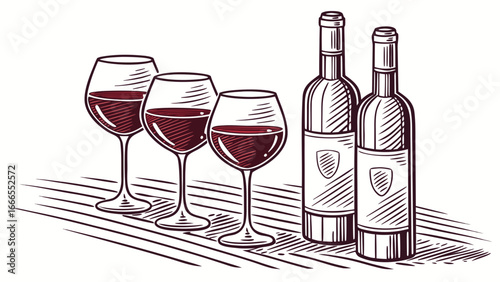 Illustration of three wine glasses filled with red wine and two bottles on a striped surface artfully drawn