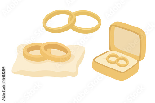 Flat vector illustration of golden wedding rings in different arrangements including pillow and jewelry box.