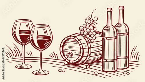 Illustration of two wine glasses barrel grapes and bottles in a vintage style drawing design art
