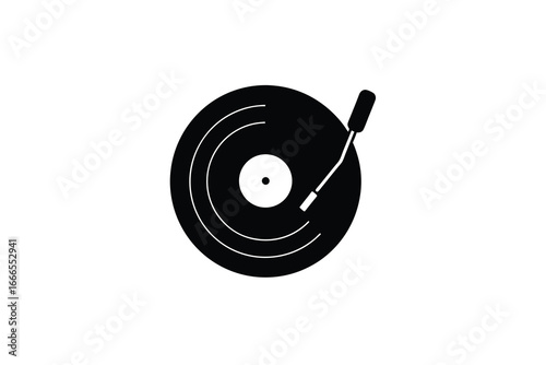A black and white illustration of a vinyl record with a stylus silhouette