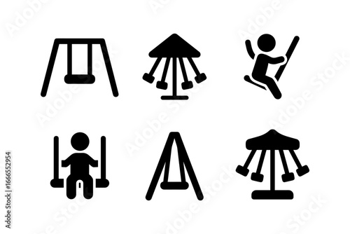 Playground icons: silhouette swings and playground equipment set