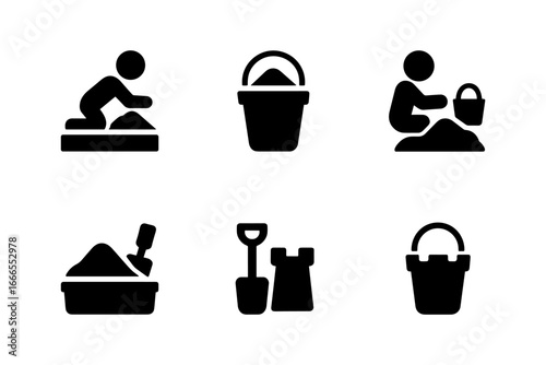 Silhouette icons of sandbox play: children, buckets, shovels, and sand castles