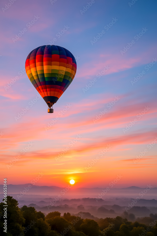 Fototapeta premium Colorful hot air balloon flying at sunrise over mountains