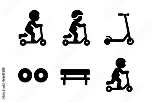 Silhouette icons of kids riding scooters with accessories