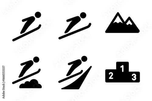Silhouette skiing icons: dynamic winter sports and mountain elements