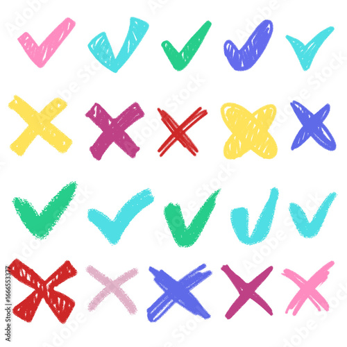 Big set of crayon check and cross doodles featuring colorful sketch style hand-drawn ticks, X marks, and symbols on white background