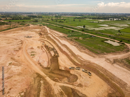 High angle view land ground and truck