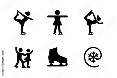 Figure skating icons set: silhouettes of skaters, ice skate, snowflake