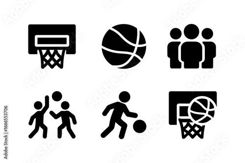 Basketball icons: team play, shooting, dribbling in simple black silhouettes