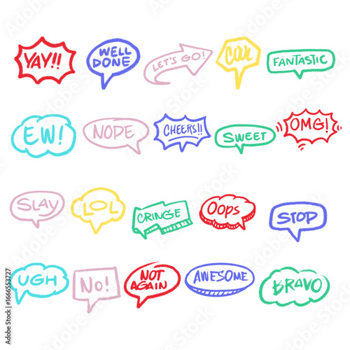 Big set of crayon speech bubble featuring colorful hand-drawn text like LOL, Oops, OMG, and Yay in sketch style on white background