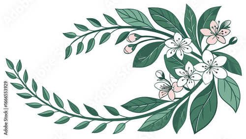 Elegant floral frame with white blossoms and green leaves forming a decorative border design element