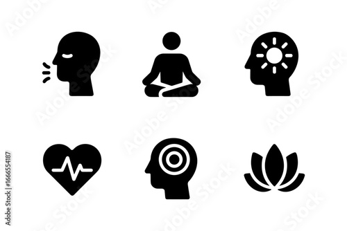 Mindful wellness icons: health, meditation, and mental clarity in simple silhouettes