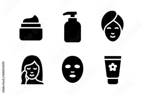 Essential skincare icons set featuring minimalist face mask and cream designs