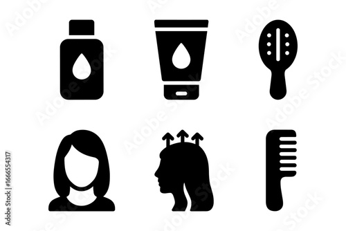 Silhouette haircare icons: shampoo, conditioner, brush, hairstyle, and comb