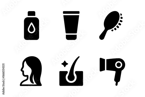 Hair care icons set: minimalist black silhouettes of shampoo, conditioner, comb, hairdryer