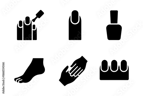 Minimalist beauty icons: manicure, pedicure, nail care in black silhouette