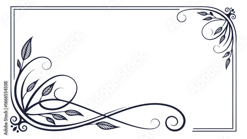Elegant floral frame with leaves and swirls in corner designs on a white rectangular background