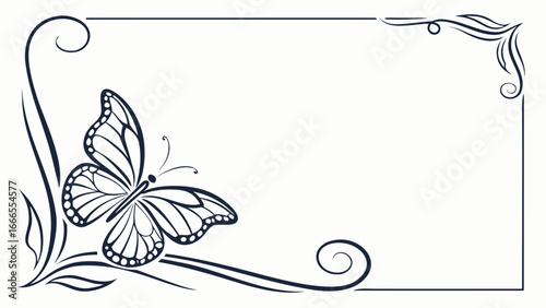 Elegant butterfly with floral frame design featuring decorative swirls and delicate details in black outline
