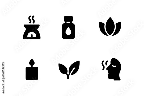 Aromatherapy icons: essential oils, candles, relaxation, zen symbols in monochrome design