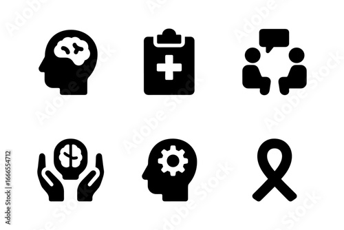 Minimalist mental health icons featuring brain, therapy, and support symbols