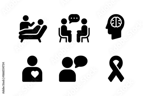 Set of mental health icons: therapy, support, awareness in simplistic design