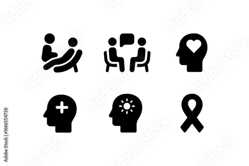 Mental health symbols: counseling, awareness, and support icons in black silhouette style