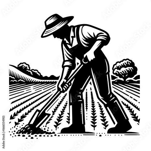 Farmer Digging Soil with Spade