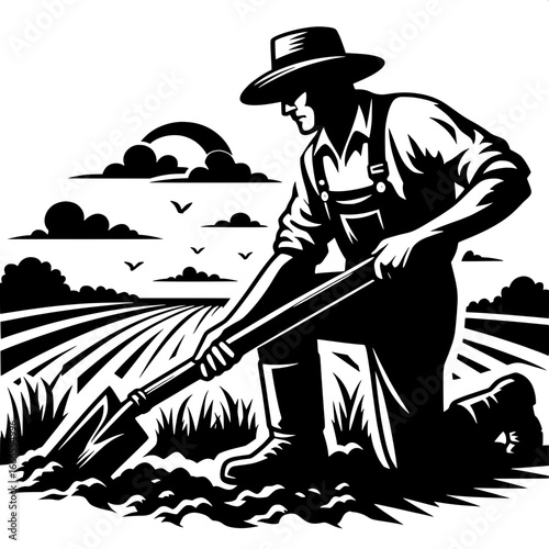 Farmer Digging Soil with Spade
