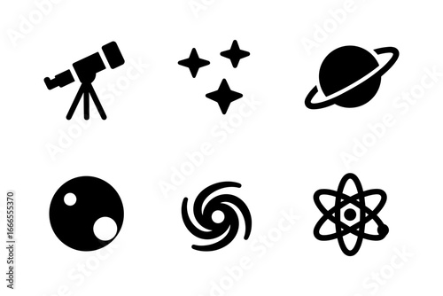 Space silhouette icons: telescopes, stars, planets, and atoms for science themes