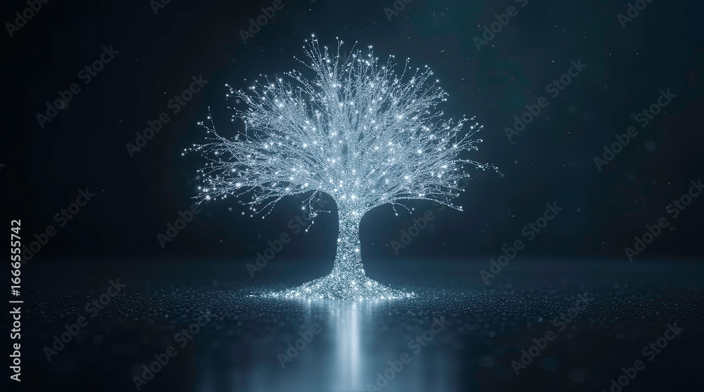 Obraz premium Abstract tree made of light and data glowing white and silver particles branching out and reflecting with earth