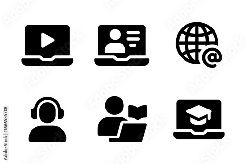 Online learning icons: education, communication, multimedia in silhouette style