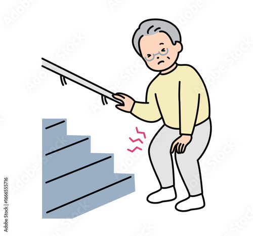 膝の痛みで階段が登れないシニア男性のイラスト素材