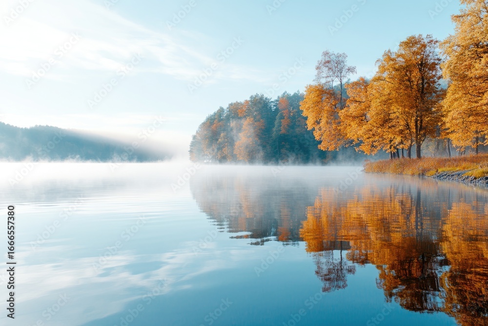 Tranquil autumn landscape with reflections of vibrant trees on a calm lake Tranquil autumn landscape with reflections of vibrant trees on a calm lake