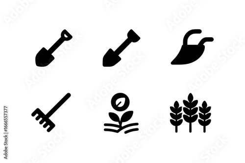 Gardening tool icons set: spade, hoe, rake, plant, wheat silhouettes for agriculture themes