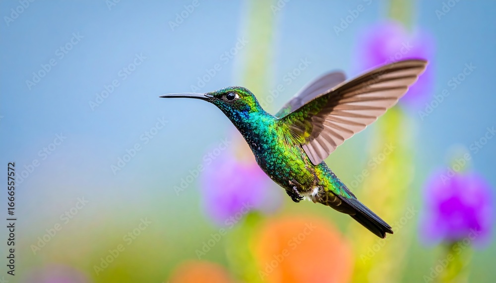 Fototapeta premium Vibrant hummingbird in flight amidst colorful flowers.