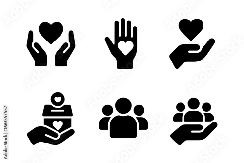 Charity and support icons: donation, community, care symbols in minimalist black silhouettes
