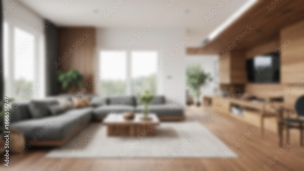 Fototapeta premium blurry image of modern living room interior made of wood, wooden ceiling, blur wallpaper.