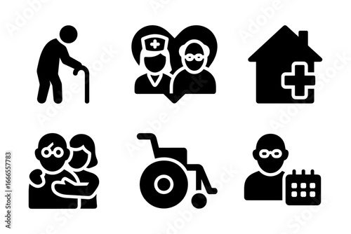 Healthcare icons: elderly care, nursing, disabled support, home health, medical calendar